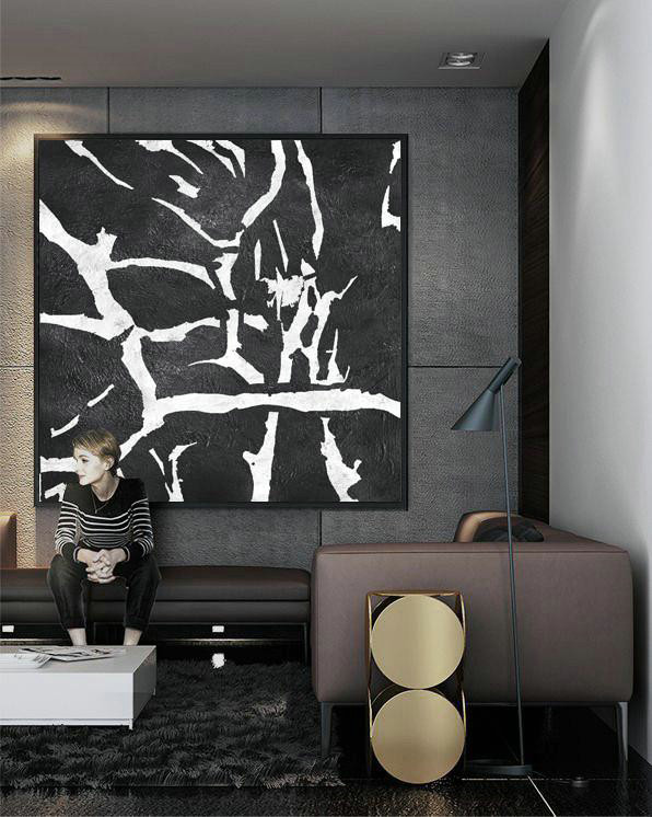 Large Contemporary Art Canvas Painting,Oversized Minimal Black And White Painting,Pop Art Canvas #S7A7 - Click Image to Close